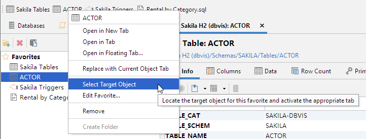 Tree view of Databases tab with Select Target Object item