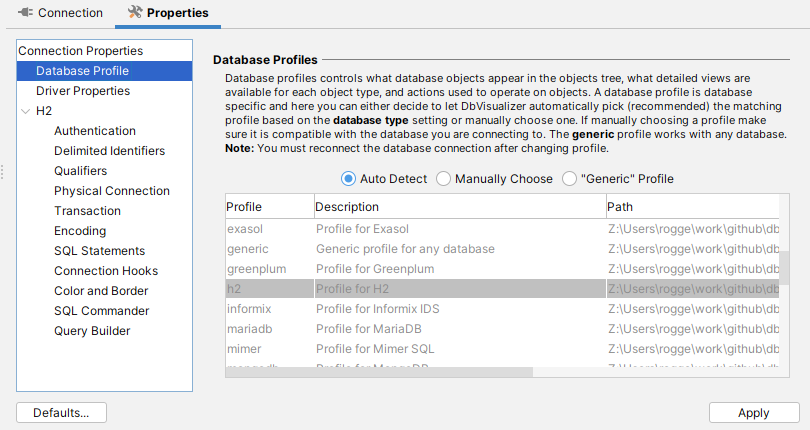 Screenshot showing Auto Detect database profile