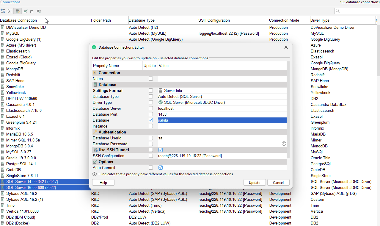 Screenshot demonstrating the process of editing multiple database connections.