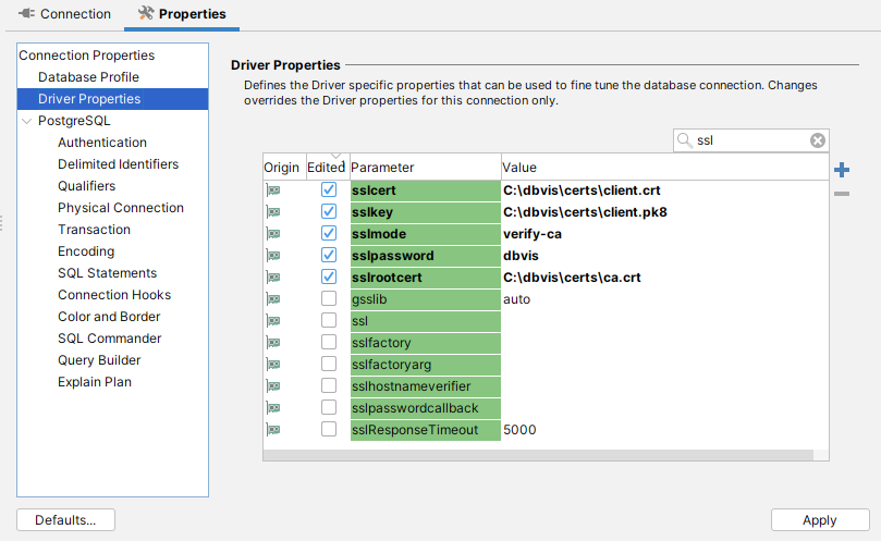 Illustration of SSL/TLS settings in DbVisualizer