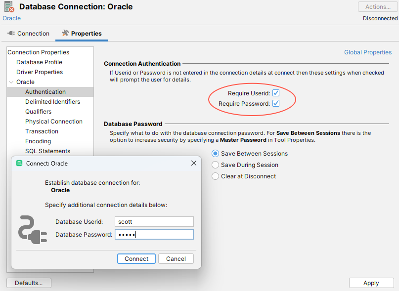 Dialog box prompting input for userid and password in DbVisualizer.