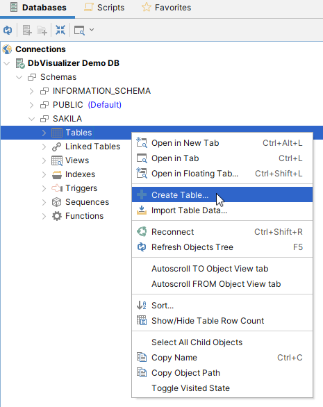 Database 'Create Table' dialog launching step