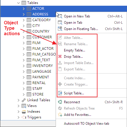 Screenshot of actions menu for database object