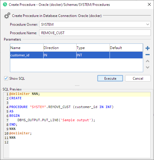 Create Procedure dialog box in DbVisualizer