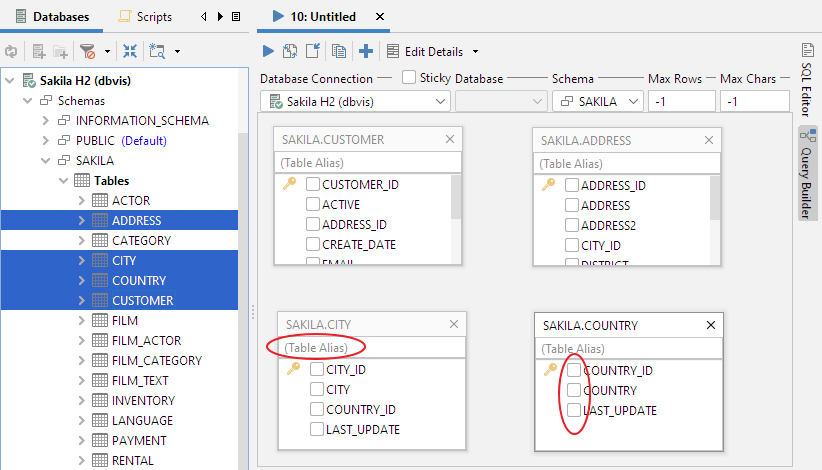 Screenshot of adding tables to Query Builder