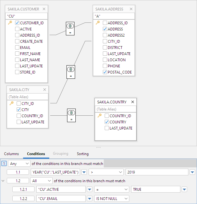 Screenshot of defining WHERE clause conditions in Query Builder