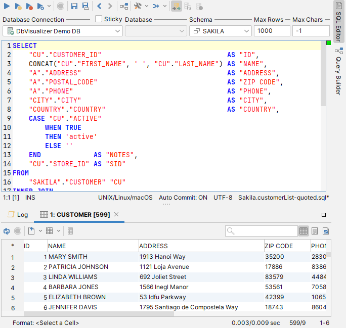 Screenshot of executing query in Query Builder