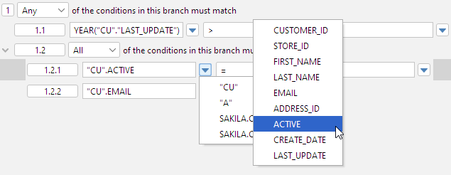 Screenshot of populating columns in conditions using Query Builder