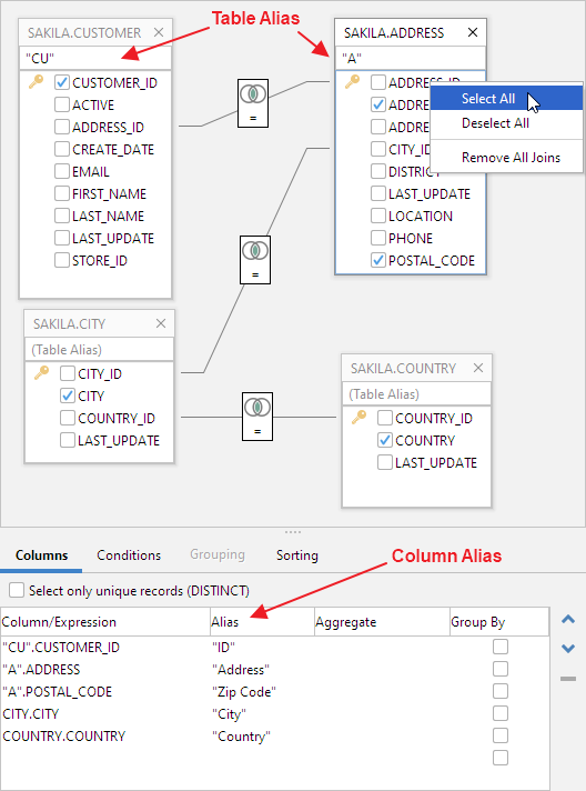 Screenshot of selecting columns in Query Builder