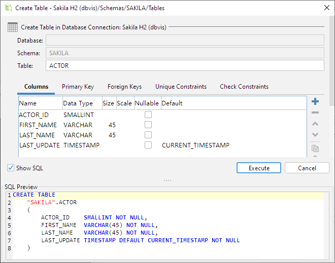 Screenshot of the Create Table dialog