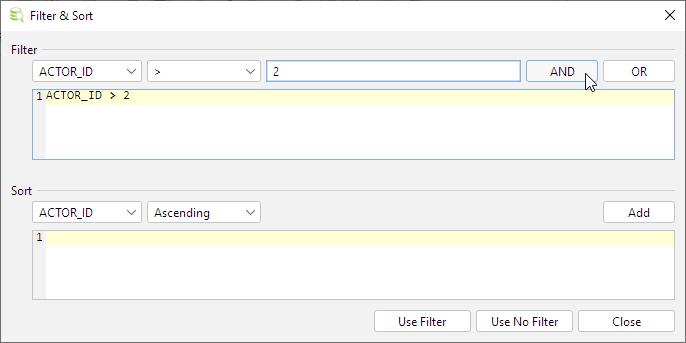 DbVisualizer's Filter & Sort Configuration dialog