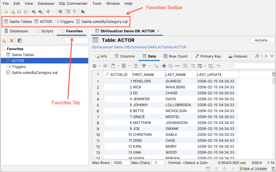 Screenshot of Favorites toolbar with database object
