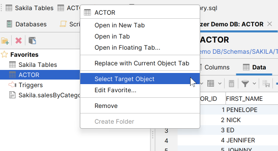 Screenshot of Select Target Object menu in Favorites toolbar