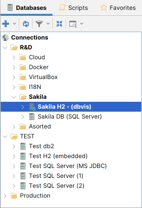 Database connections organized in folders