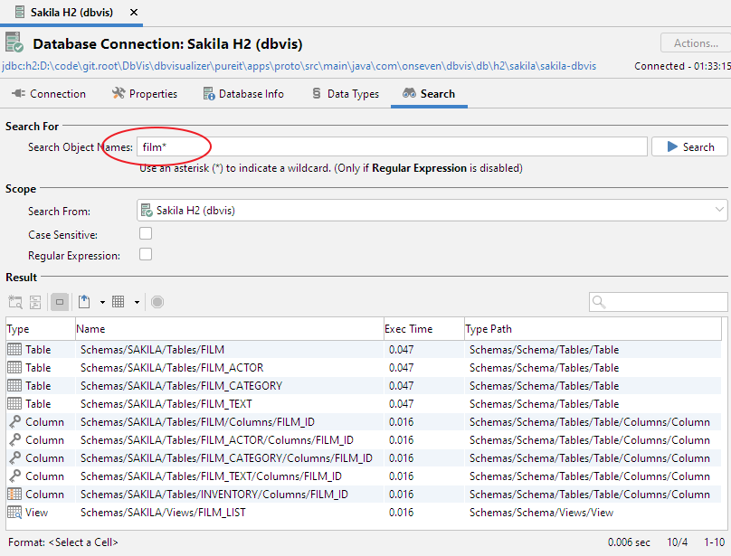 Screenshot of the Search tab in the Object View