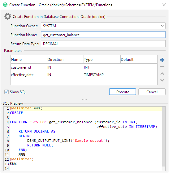 Create Function Dialog in DbVisualizer
