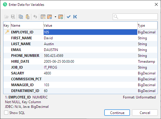 Script generated by DbVisualizer representing values and column characteristics