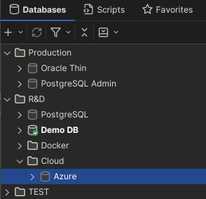 Database connections organized in folders