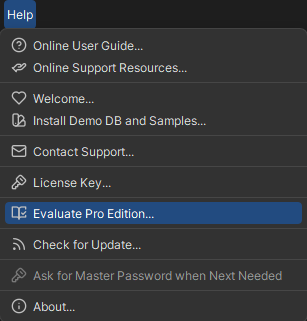 DbVisualizer help Menu