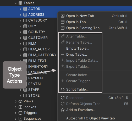 Database actions menu screenshot