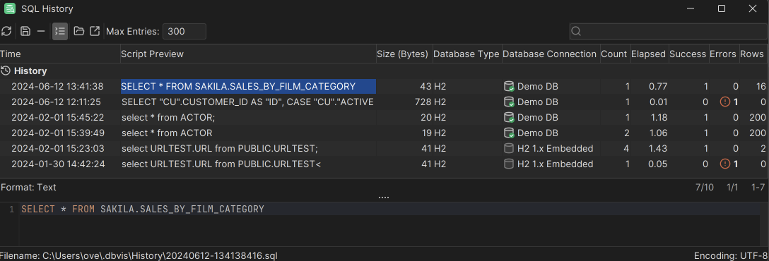 Screenshot of the SQL History interface