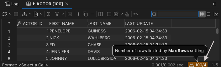 Grid status bar showing row/column limit warnings in DbVisualizer
