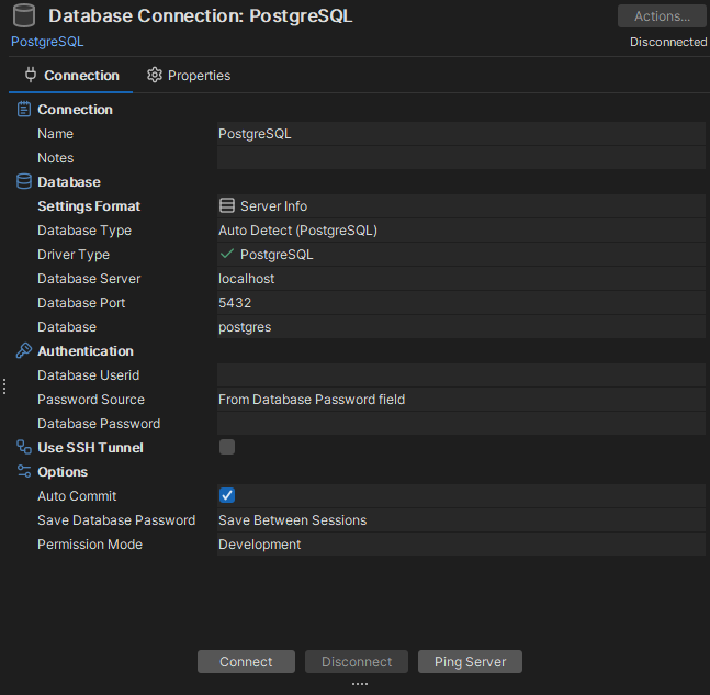 Connection details setup interface