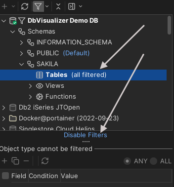 Disabling filters in DbVisualizer