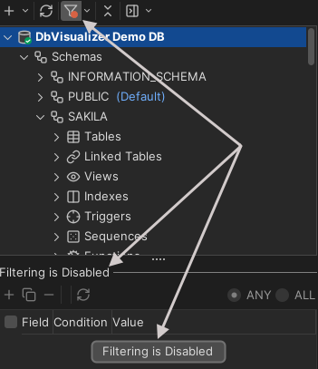 Filtering status in the toolbar