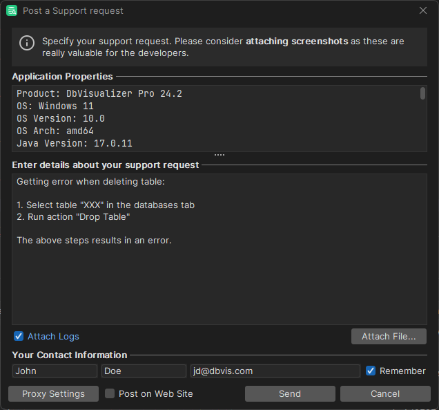 Screenshot of Contact Support in DbVisualizer