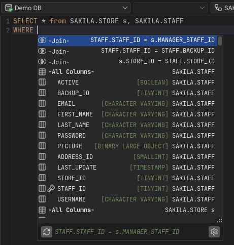 Screenshot showing auto completion for column names in SQL editor