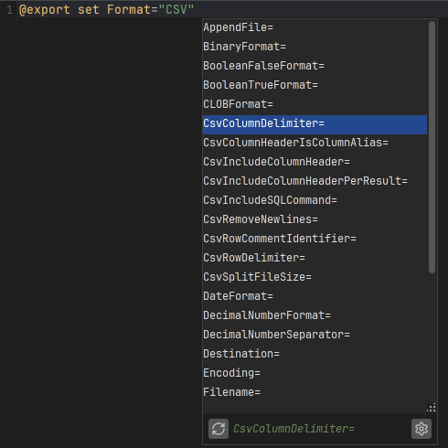 Screenshot showing auto completion for @export set command in SQL editor
