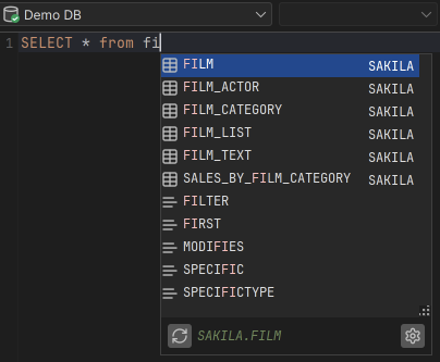 Screenshot of auto completion list showing tables and views in SQL editor