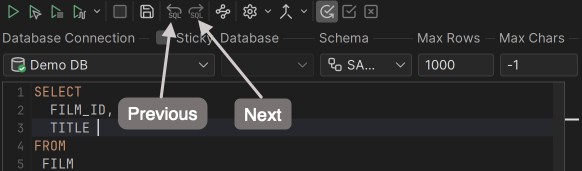 Screenshot showing how to navigate between highlighted matches in SQL editor