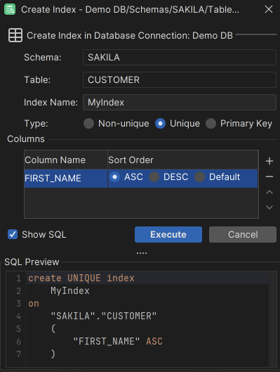 Example of Create Index dialog