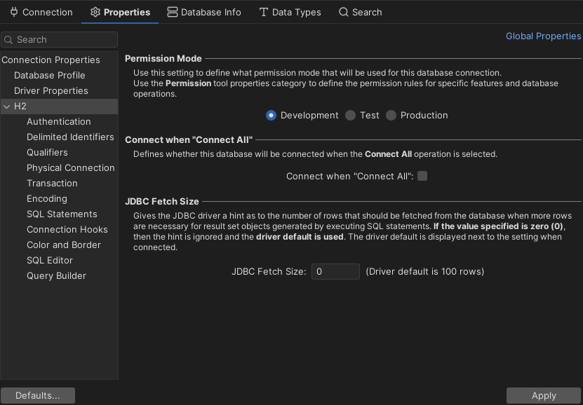 Connection Properties in DbVisualizer interface