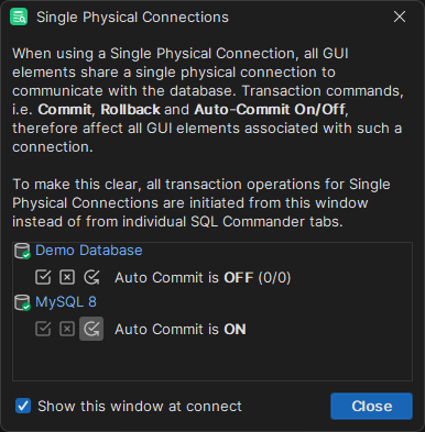 Single Shared Physical Connection window in DbVisualizer