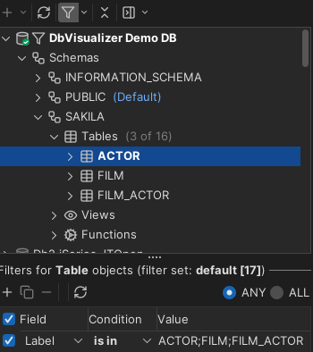 Inline objects filtering in the Databases tab