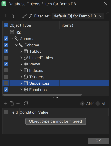 Database tree before and after setting visibility