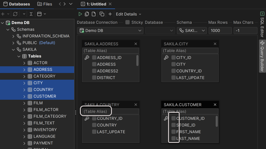 Adding tables in Query Builder