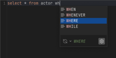 Screenshot of auto completion list showing keywords in SQL editor