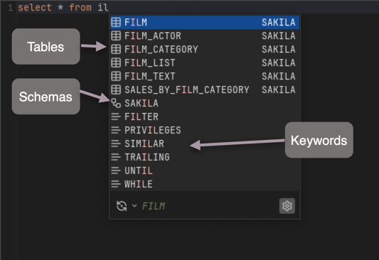 Screenshot of auto completion list showing tables and views in SQL editor