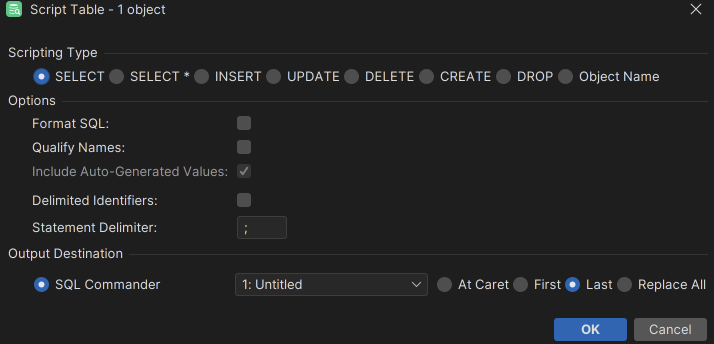 Screenshot of dialog box for dragging and dropping database objects in SQL editor