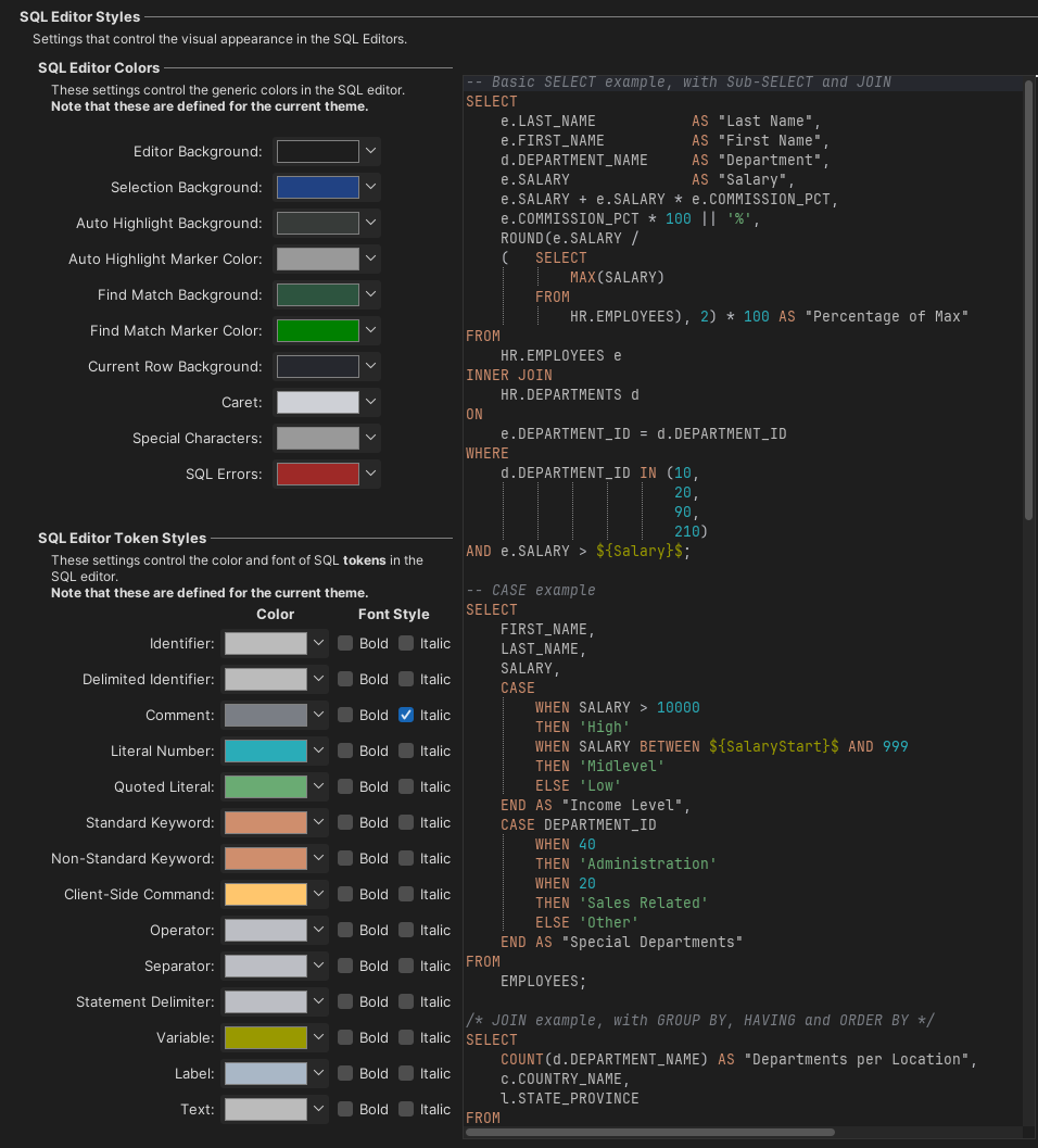 Screenshot of SQL editor styles settings