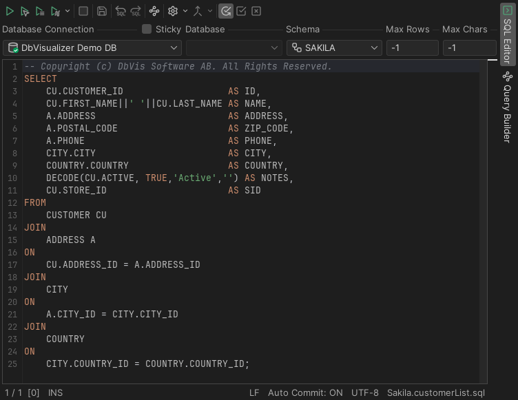 Screenshot of the SQL Commander editor interface