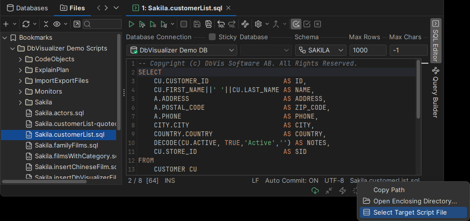 Screenshot highlighting how to navigate to script location in SQL editor