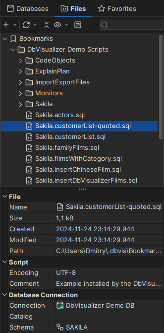Screenshot of DbVisualizer's interface showing the bookmarks tab