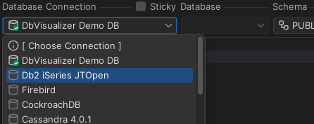 Database selection screenshot in DbVisualizer