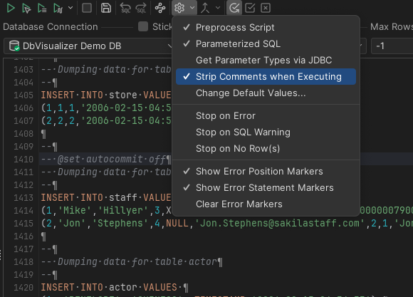 Screenshot of SQL Commander Options Toggle
