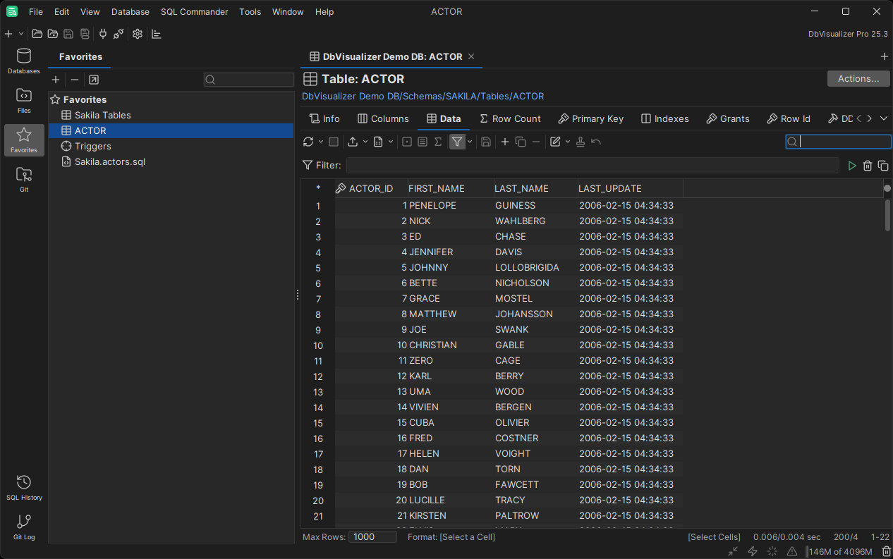 Favorites tab and an open database table